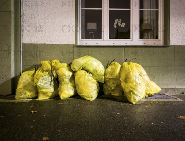 Photo of several bulging yellow rubbish bags that have been put out for collection at the roadside