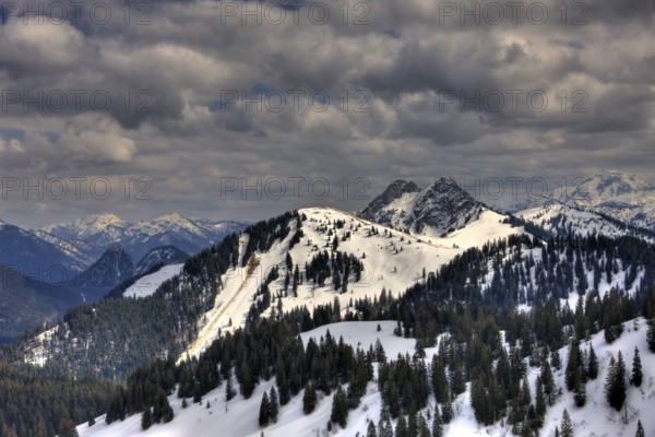 View from Seekarkreuz to Bavarian Alpine foothills, Germany, FRG, Mangfall mountains, Bavaria,