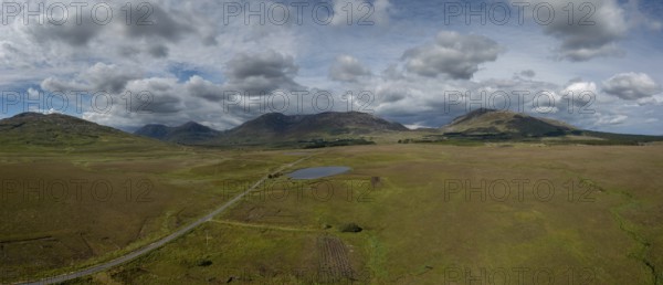 Drone panorama landscape of Connemara National Park and the Twelve Bens mountains in western