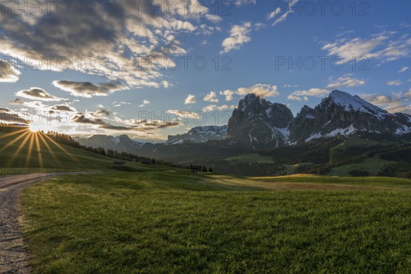 Panoramic view of the Langkofel Group from Seiser Alm in the Dolomites in South Tyrol, Italy,