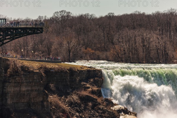 An observation platform overlooking the Bridal Veil Falls in Niagara Falls, New York, USA, North