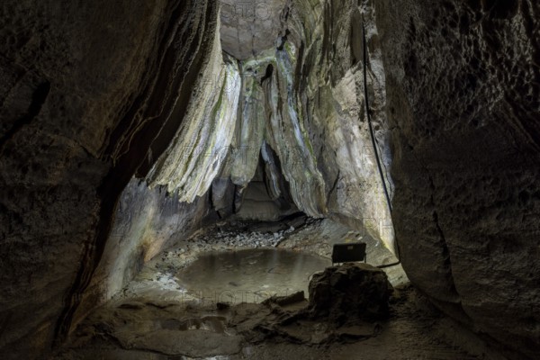 Gothic arch, formation in the stalactite cave, Ingleborough Cave, Clapham, Yorkshire Dales,