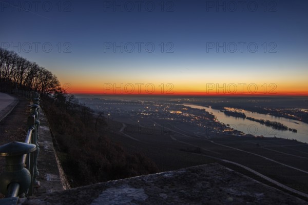 Beautiful park at sunrise on a winter morning. Beautiful view of the Rhine valley at sunrise.