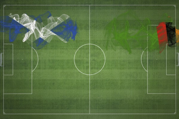 Scotland vs Zambia Soccer Match, national colors, national flags, soccer field, football game,