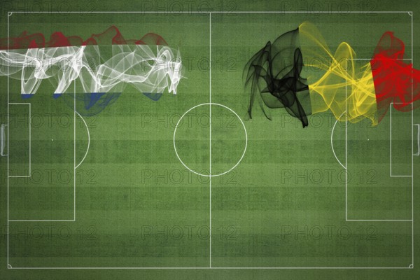 Netherlands vs Belgium Soccer Match, national colors, national flags, soccer field, football game,