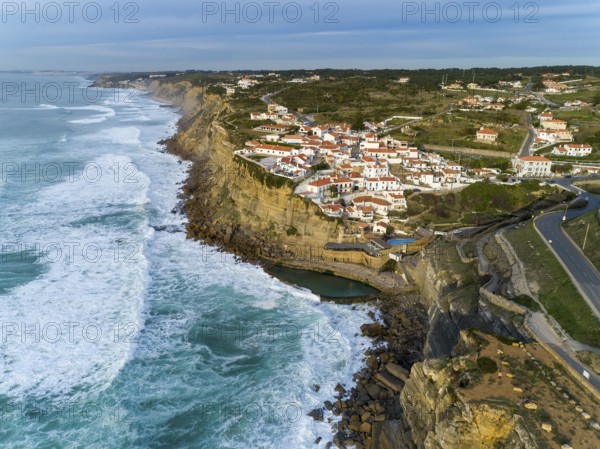 Aerial view of beautiful coastal town Azenhas do Mar in Portugal. The picturesque town on the