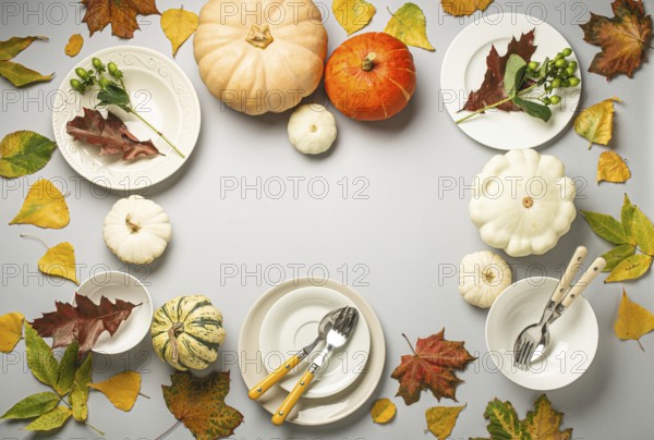 Thanksgiving festive table composition with different colourful pumpkins, autumn leaves, empty