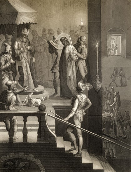 Jesus before Caiaphas, Peter's third denial, New Testament, steel engraving 1853, digitally