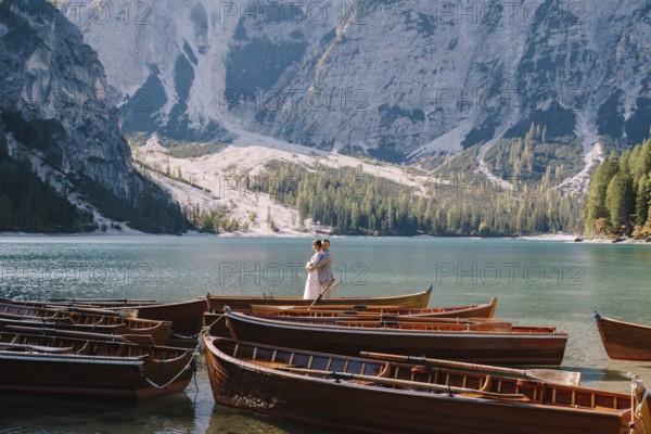 Bride and groom sailing in wooden boat, with oars at Lago di Braies lake in Italy. Wedding in