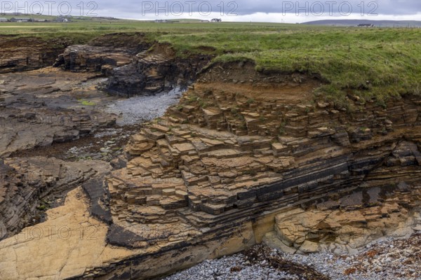 Tilted Devonian sandstone layers, sheltered bay of Skiba Geo, Northside, Mainland Orkney, Scotland,