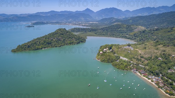 Panoramic aerial view of the coast near Tarituba with wonderful bays, islands, green mountains and