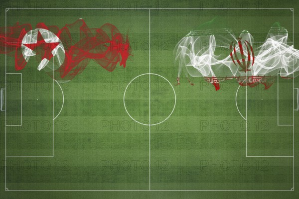 North Korea vs Iran Soccer Match, national colors, national flags, soccer field, football game,