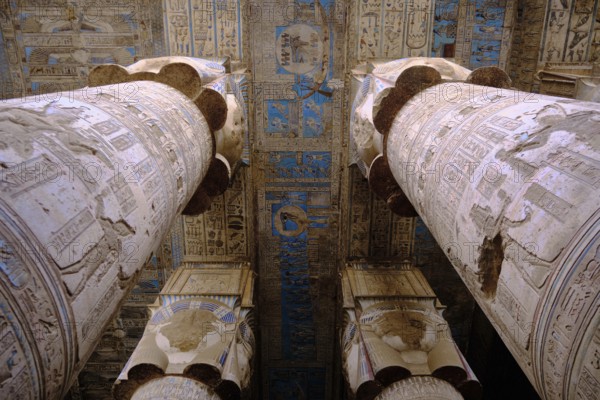 Colonnade at Hypostyle Hall of Temple of Hathor. Columns are decorated with reliefs and