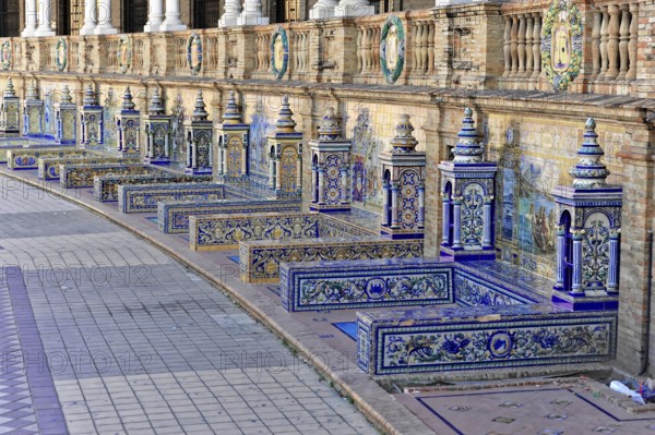 Plaza de España in Seville, Seville, Andalusia, Spain, Europe, Several artistic benches with
