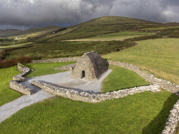 Gallarus Oratory aerial view (Séipéilín Ghallarais), early Christian church, Dingle Peninsula,