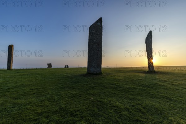 Stones of Stenness Circle and Henge at sunrise, stone circle and henge, Neolithic monument, UNESCO
