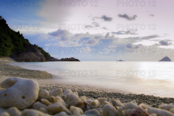 Peaceful and tropical coral turtle beach at Perhentian Islands, Malaysia, long exposure, with