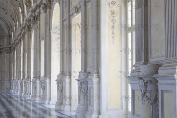 Venaria Reale, Italy, 16 July 2023: luxury gallery perspective, decorative marble, indoor, nobody,