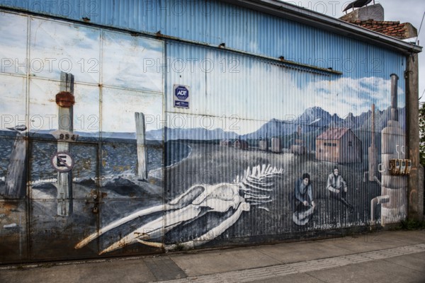 Mural with humpback whale skeleton on the beach, Punta Arenas, Chile, South America
