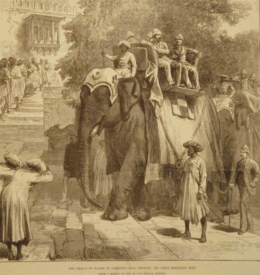 Lithographs The Prince of Wales at Parbutty Hill, Poonah His first Elephant Ride, Pune,