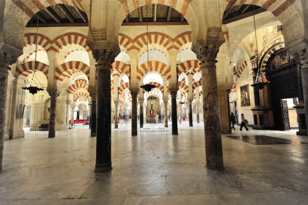 La Mezquita, Mosque, Cathedral of Cordoba, Cordoba, Andalusia, Spain, Europe, Bright columned hall