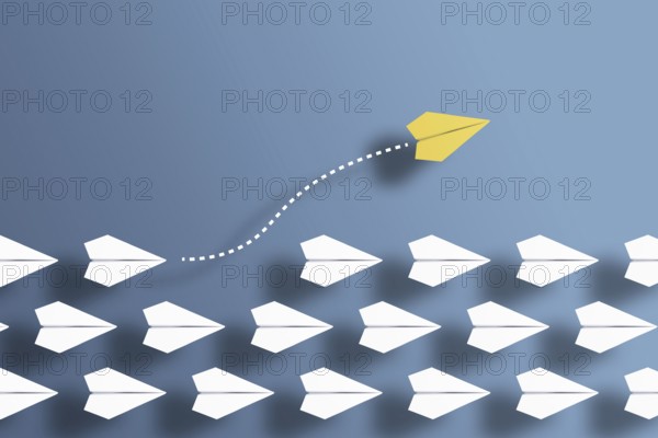 paper planes in a row on blue background and one paper glider going in different direction,