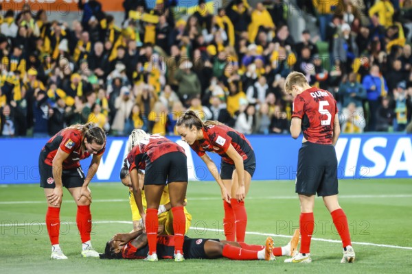 MELBOURNE, AUSTRALIA, JULY 31: Jayde RIVIERE of Canada goes down injured as Australia plays Canada