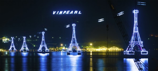 NHA TRANG, VIETNAM - JANUARY 4, 2016: A night view at illuminated supports of cableway to Vinpearl,