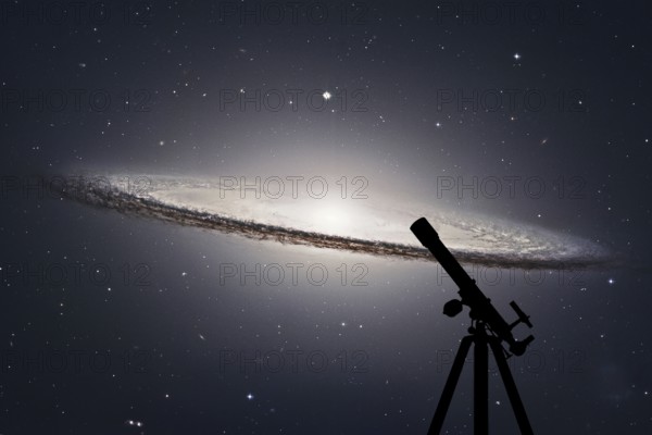 Space background with silhouette of telescope. Sombrero Galaxy M104 in constellation Virgo.