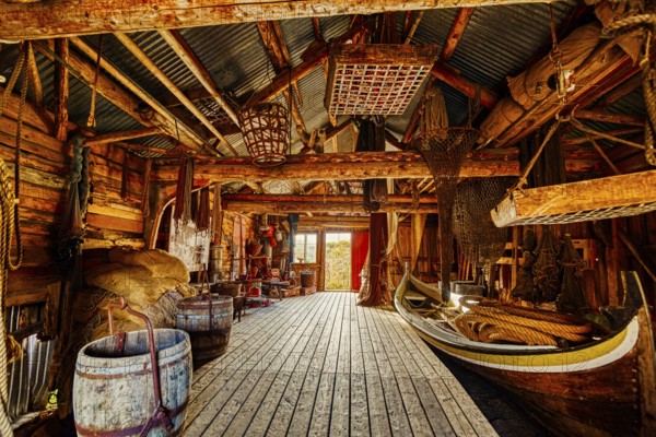 A wooden interior features tightly packed fishing equipment and a small boat, suggesting a seashore