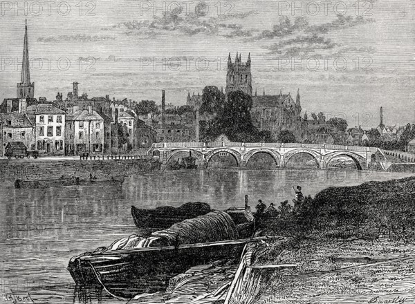 Cityscape of Worcester, Worcestershire, England, 19th century, From British Battles on Land and