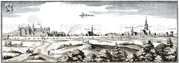 Panoramic view Schwedt / Oder, 17th century, Uckermark, Brandenburg, Germany, Europe, Historische