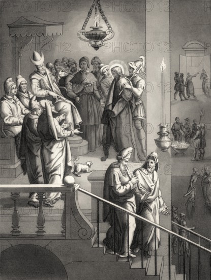 Jesus before Caiaphas, Peter again denies Christ, New Testament, steel engraving 1853, digitally