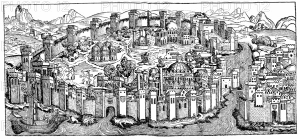 Panoramic view of Konstantinopel, Istanbul, Turkey, Europe, Historische Zeichnung, Stadtansicht aus