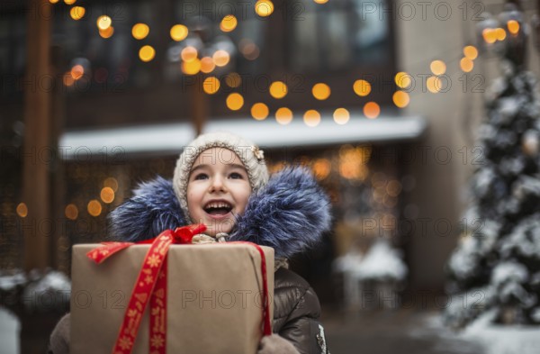 Portrait of joyful girl with a gift box for Christmas on a city street in winter with snow on a