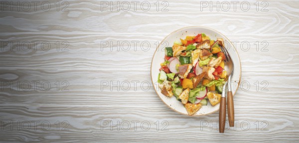 Traditional Levant dish Fattoush salad, Arab cuisine, with pita bread croutons, vegetables, herbs.