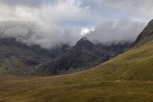 Clouds on the mountainsides, Fairy Pools, Black Cuillin Mountains, Isle of Skye, Hebrides,
