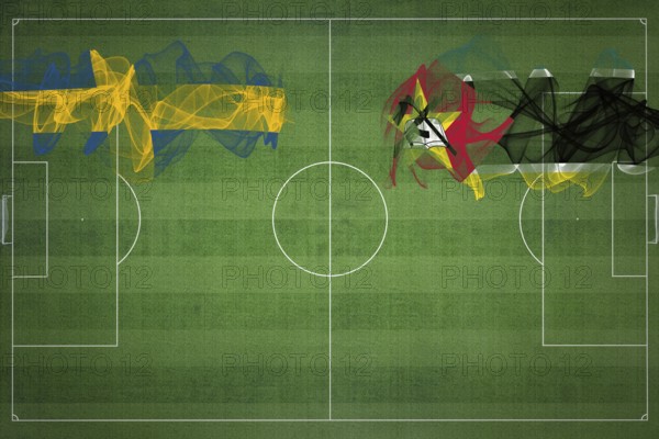 Sweden vs Mozambique Soccer Match, national colors, national flags, soccer field, football game,