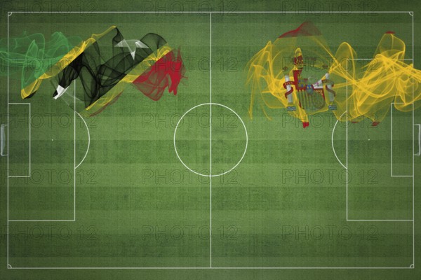 Saint Kitts and Nevis vs Spain Soccer Match, national colors, national flags, soccer field,