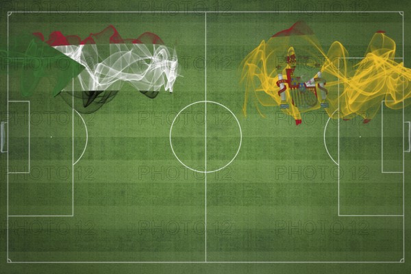 Sudan vs Spain Soccer Match, national colors, national flags, soccer field, football game,