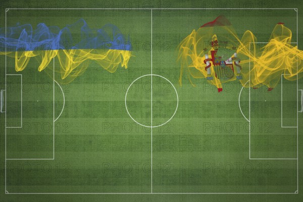 Ukraine vs Spain Soccer Match, national colors, national flags, soccer field, football game,