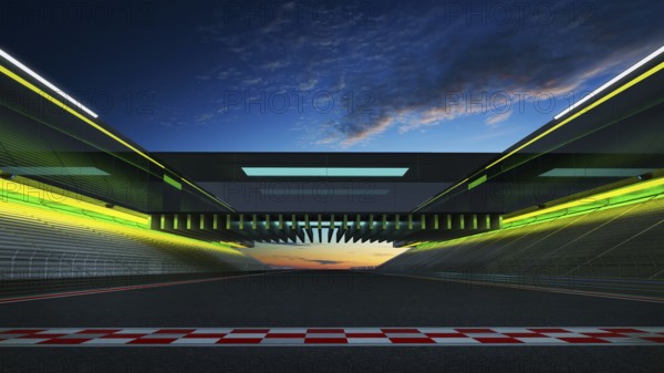 View of the infinity empty asphalt international race track with start and finish line, evening