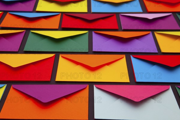 Composition with white and colored envelopes on the table. The photo suitable for various holidays