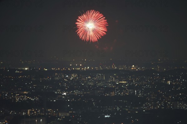 Chofu fireworks display visible from Yokohama Landmark Tower. Shooting Location: Yokohama-city