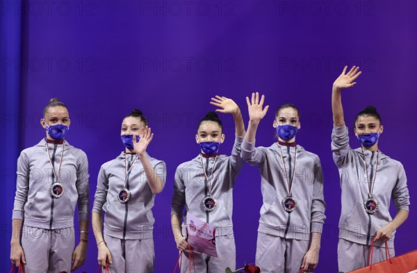 Sofia, Bulgaria - 27 March, 2021: Members of team Azerbaijan pose with their silver medals on the