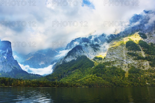 Koenigssee - the cleanest lake in Germany. The lake is surrounded by high mountains. Mountain Lake