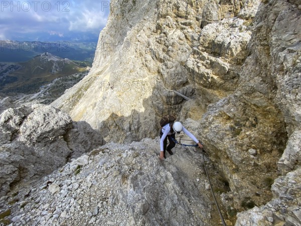 Adventurous hike up to mount Lagazuoi in the Dolomite Alps, autonomous pronvince of South Tirol in