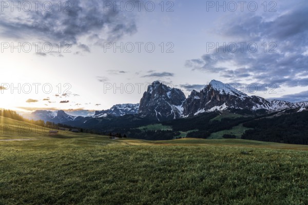 Panoramic view of the Langkofel Group from Seiser Alm in the Dolomites in South Tyrol, Italy,