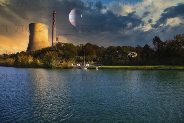 Nuclear power plant with cooling tower on the shore of a body of water at sunset with planets in