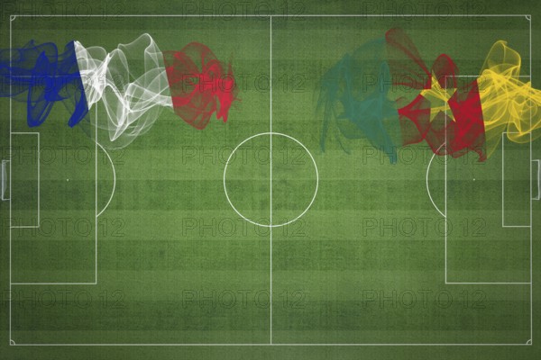 France vs Cameroon Soccer Match, national colors, national flags, soccer field, football game,